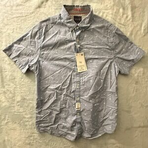 Denim & Flower Shirt Mens Large Blue Palm Tree Slim Fit Short Sleeve Button Up